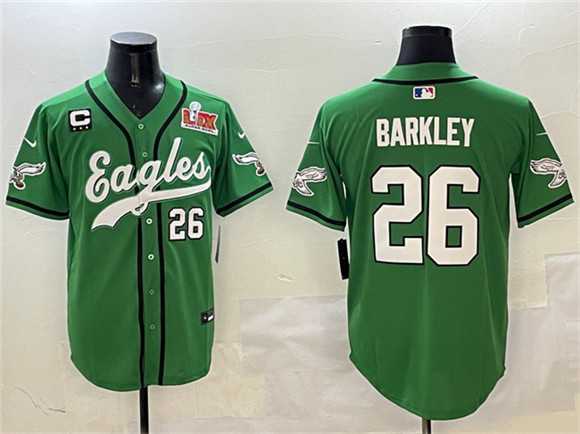 Men%27s Philadelphia Eagles #26 Saquon Barkley Green 2025 Super Bowl LIX And 3-Star C Patch Stitched Baseball Jersey->nfl m&n throwback->NFL Jersey